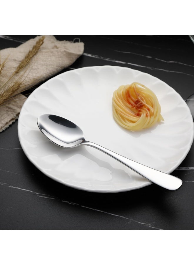 طقم ملاعق طعام ستانلس ستيل فاخر عالي الجودة 18/10 عدد 6 قطع كاملة الحجم بطول 21 سم – ملاعق أكل معدنية ثقيلة متينة مصنوعة من فولاذ مقاوم للصدأ والتآكل والخدش والاستخدام المكثف – فضيات مطبخ آمنة للطعام غير سامة بدون طعم معدني أو تفاعل مع الأطعمة الساخنة والباردة – تشطيب مرايا لامع فاخر متعدد المراحل يمنح مظهر أنيق وراقي لسفر الطعام – ملاعق مائدة بوزن متوازن وتصميم مريح لليد وحواف ناعمة مصقولة لا تجرح الفم – قابلة للغسل في غسالة الصحون ومناسبة للاستخدام اليومي في المنزل والمطاعم والكافيهات والفنادق والبوفيه والولائم والعزومات والحفلات والمناسبات الرسمية والغير رسمية - Image 2